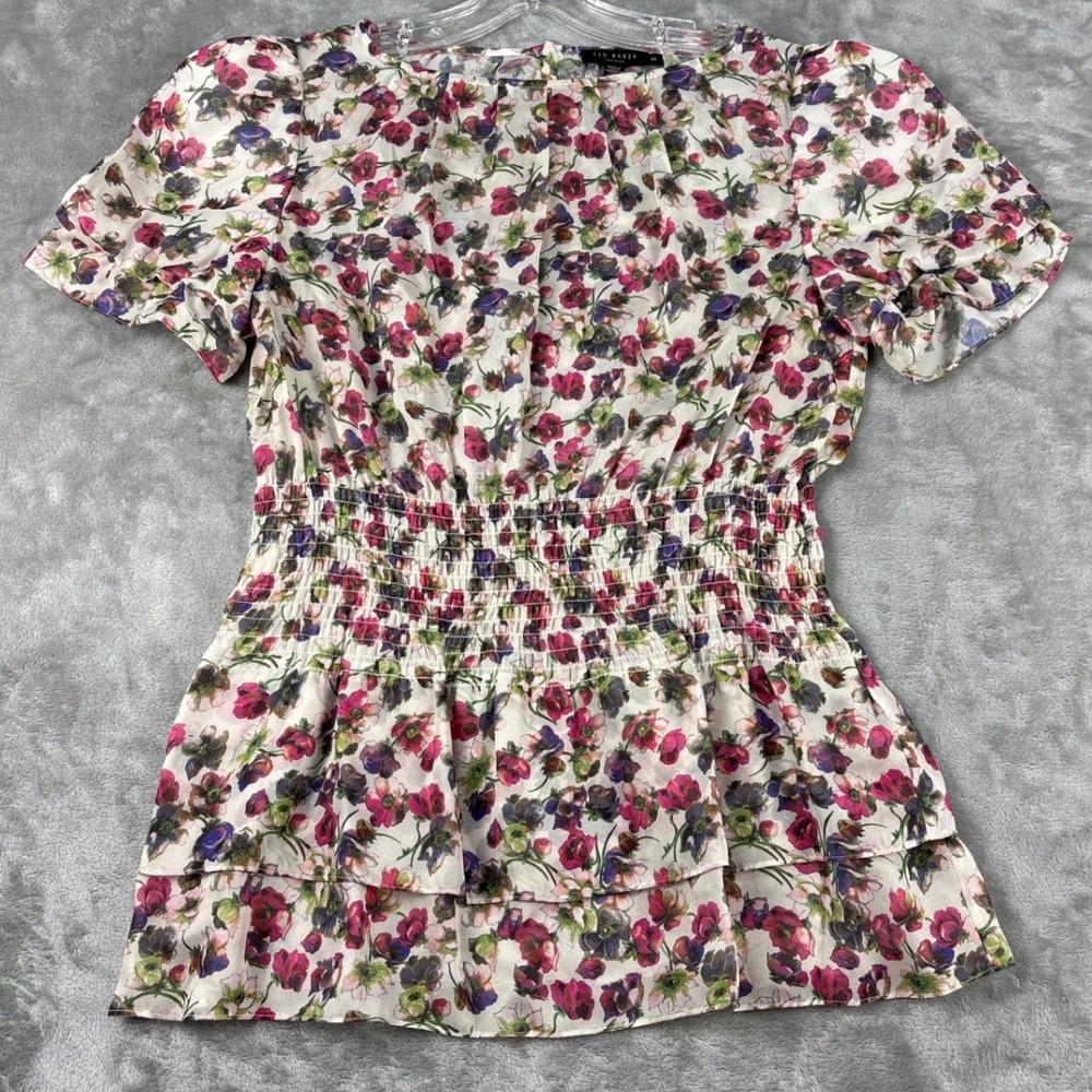 Ted Baker London Floral Smocked Waist Peplum Blouse Multicolor Size 2‎ US 6